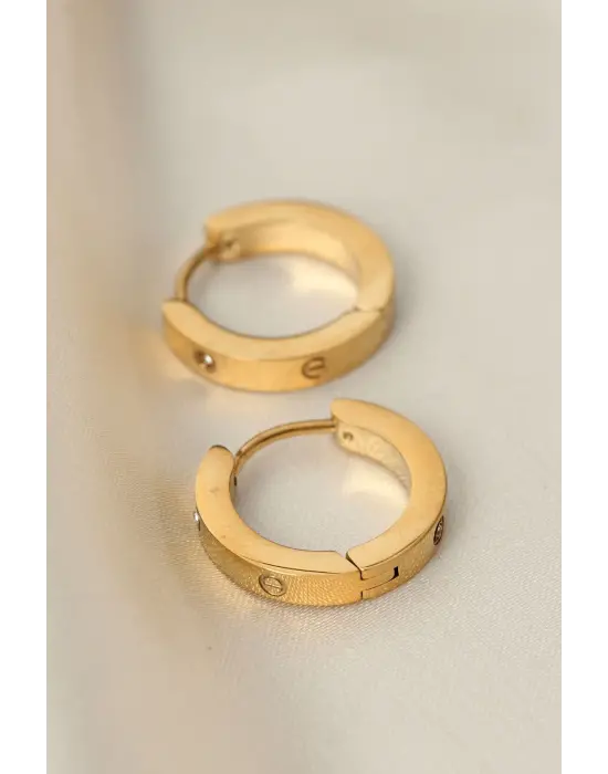 Çelik Gold Renk Zirkon Taş Detay Halka Küpe