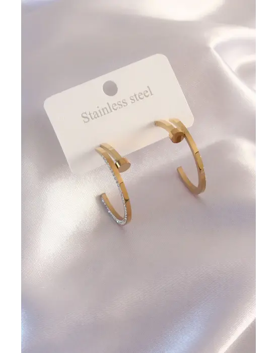 Çelik Gold Renk Zirkon Taş Detay Kadın Küpe