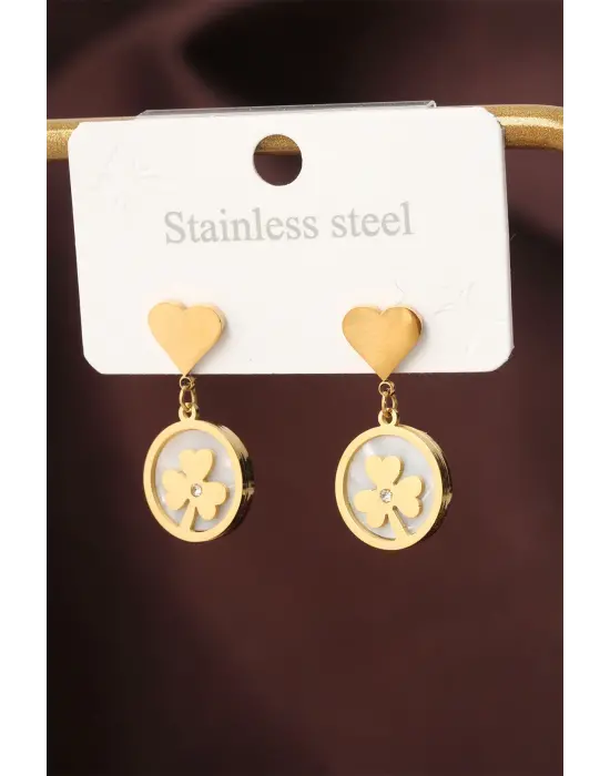 Çelik Gold Renk Zirkon Taş Detay Kalpli Yonca Küpe