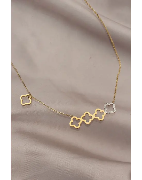 Çelik Gold Renk Zirkon Taş Detaylı Yonca Kolye