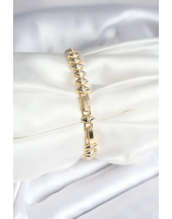 Çelik Gold Renk Zirkon Taşlı Baklava Model Kadın Bileklik