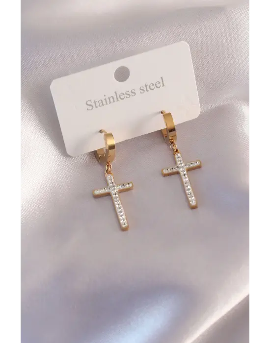 Çelik Gold Renk Zirkon Taşlı Kadın Küpe