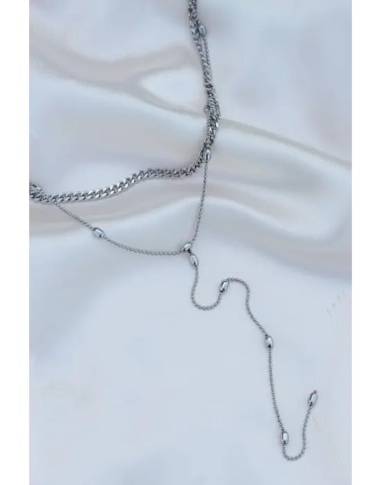 Çelik Gümüş Renk Çift Zincirli Kolye