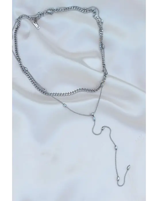 Çelik Gümüş Renk Çift Zincirli Kolye