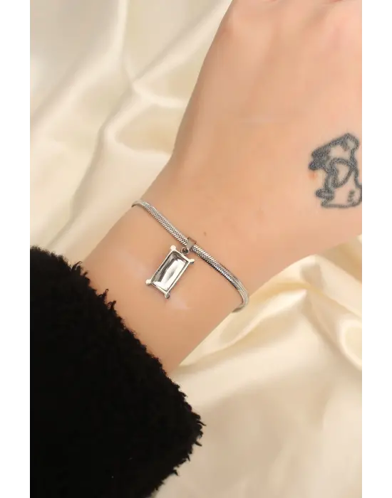 Çelik Gümüş Renk Dikdörtgen Taşlı İtalyan Zincirli Bileklik