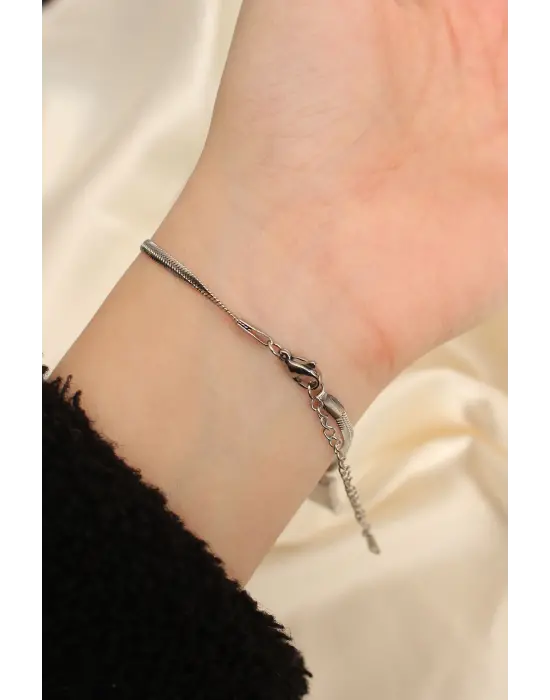 Çelik Gümüş Renk Dikdörtgen Taşlı İtalyan Zincirli Bileklik