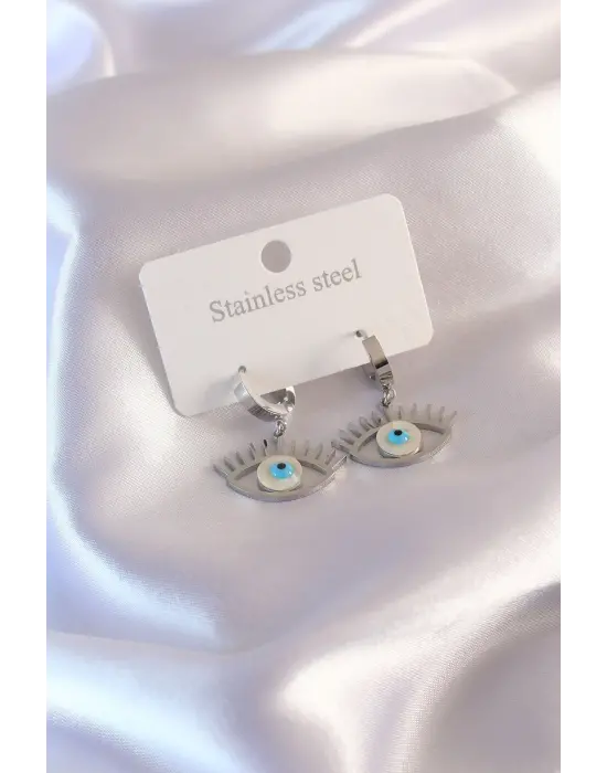 Çelik Gümüş Renk Göz Figür Kadın Küpe