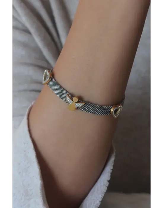 Çelik Gümüş Renk Hasır Model Melek Figür Zirkon Taş Detay Kadın Bileklik