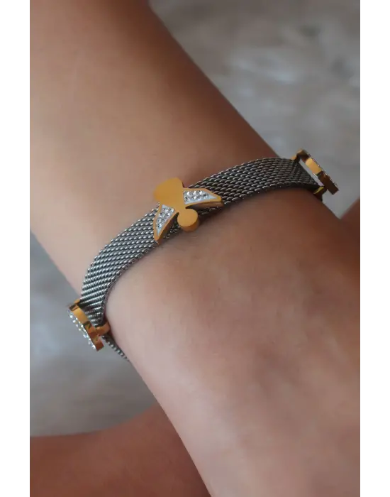 Çelik Gümüş Renk Hasır Model Melek Figür Zirkon Taş Detay Kadın Bileklik