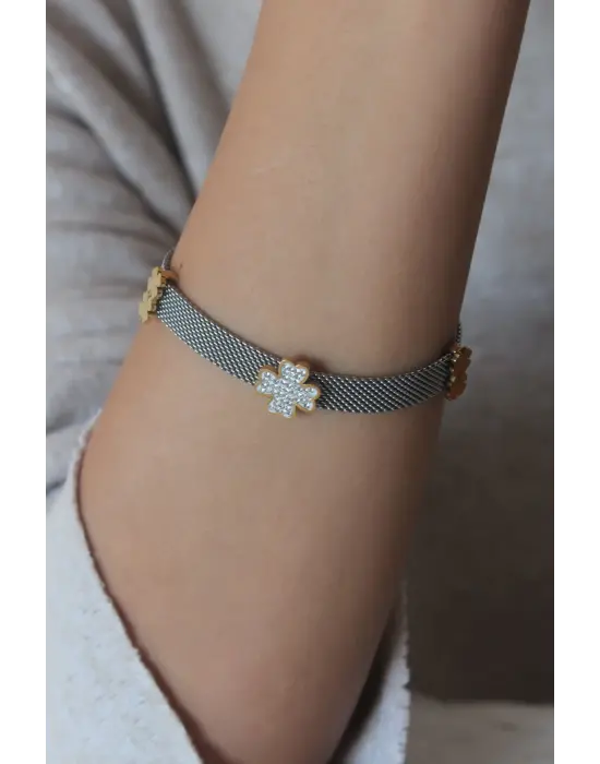 Çelik Gümüş Renk Hasır Model Yonca Figür Zirkon Taş Detay Kadın Bileklik