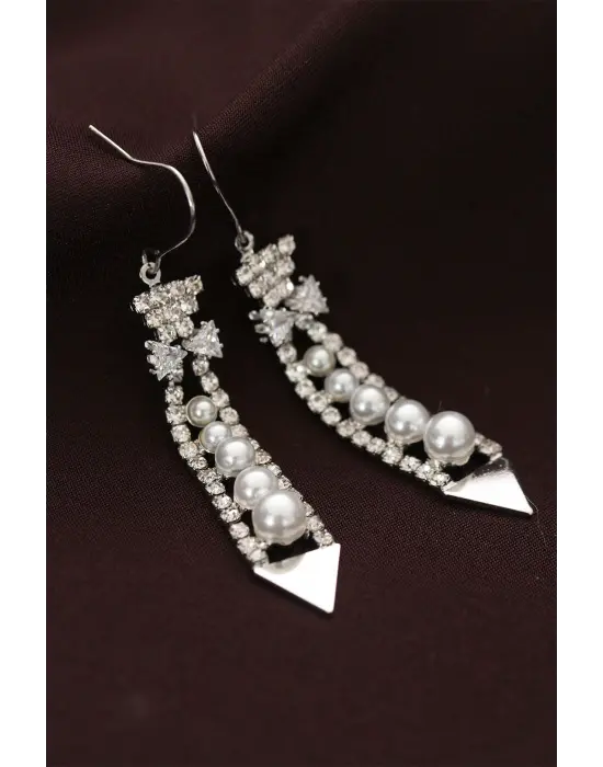 Çelik Gümüş Renk İnci ve Zirkon Taşlı Sallantılı Küpe