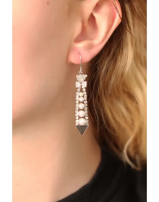 Çelik Gümüş Renk İnci ve Zirkon Taşlı Sallantılı Küpe