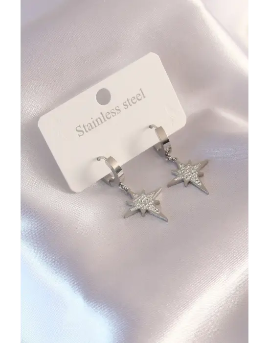 Çelik Gümüş Renk Kutup Yıldızı Figür Zirkon Taşlı Kadın Küpe