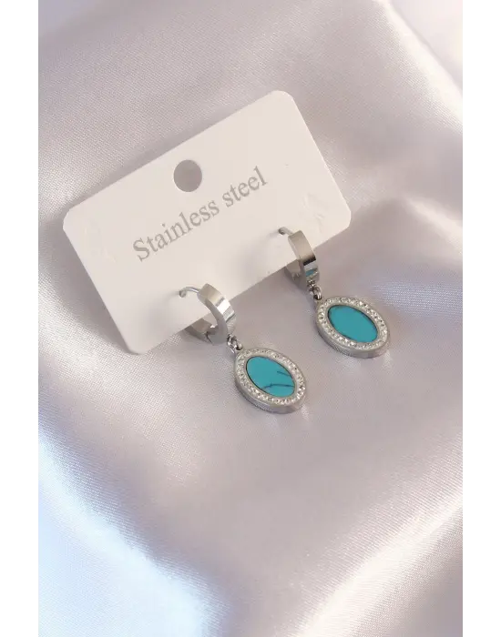 Çelik Gümüş Renk Mavi Boncuklu Zirkon Taş Detay Kadın Küpe