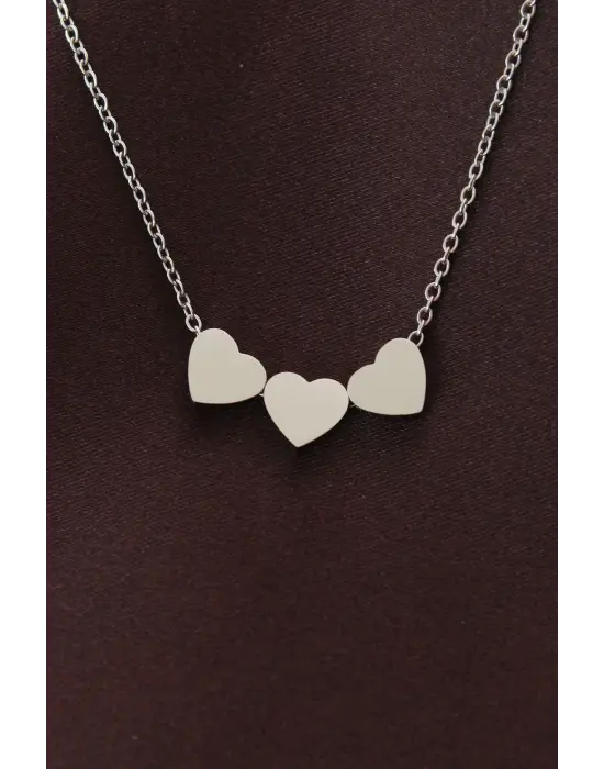 Çelik Gümüş Renk Minimal 3lü Kalp Kolye