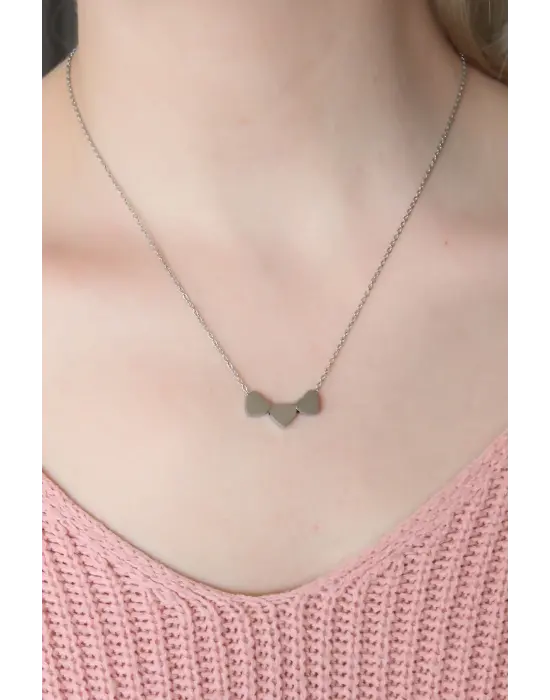 Çelik Gümüş Renk Minimal 3lü Kalp Kolye