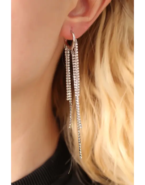 Çelik Gümüş Renk Su Yolu Model Uzun Küpe