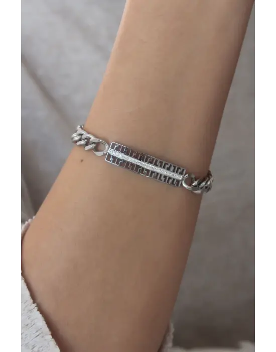 Çelik Gümüş Renk Zincir Model Zirkon Taşlı Kadın Bileklik