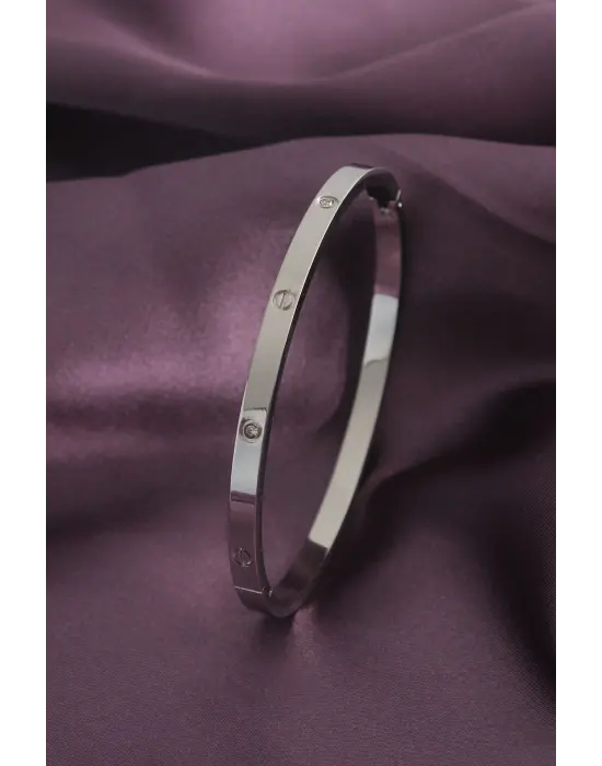 Çelik Gümüş Renk Zirkon Taş Detay Cartier Kadın Kelepçe