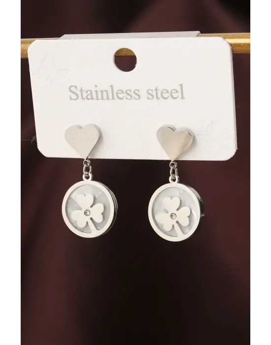 Çelik Gümüş Renk Zirkon Taş Detay Kalpli Yonca Küpe