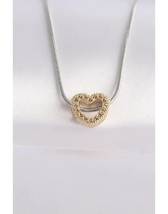 çelik kolye Zincir Gümüş  Zincirli Altın  Kalp Tasarımlı Çelik Kolye