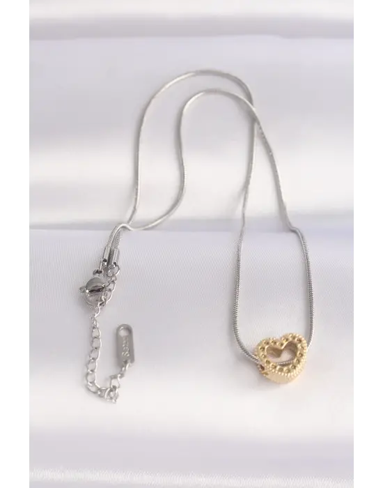 çelik kolye Zincir Gümüş  Zincirli Altın  Kalp Tasarımlı Çelik Kolye