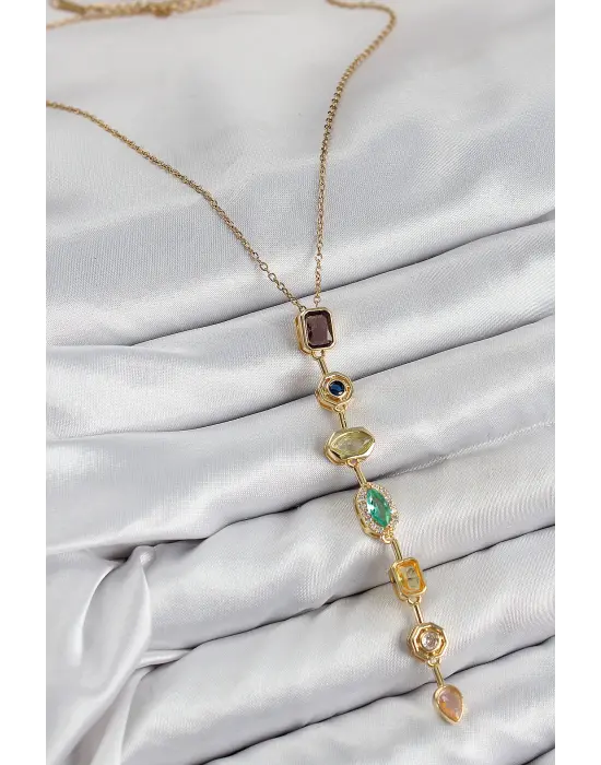 Çelik Renkli Zirkon Taşlı Model Gold Renk Kadın Y Kolye