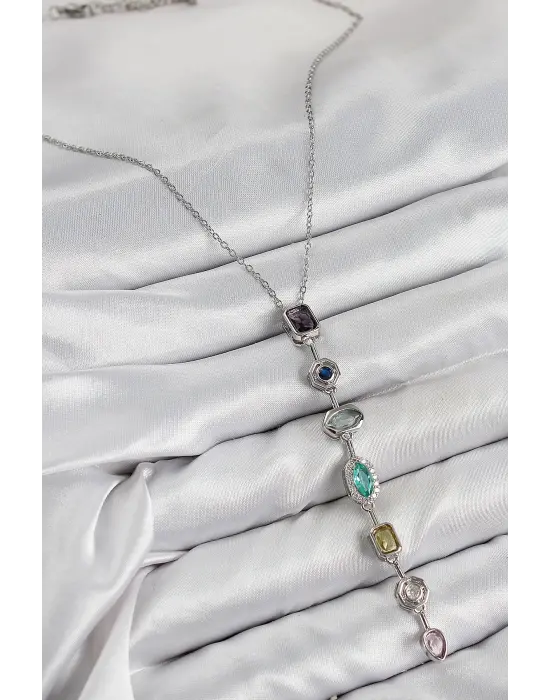 Çelik Renkli Zirkon Taşlı Model Gümüş Renk Kadın Y Kolye