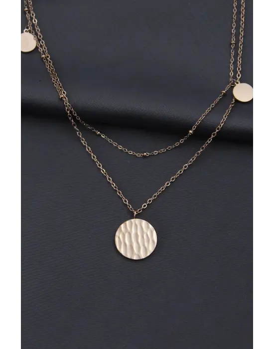 Çelik Rose Renk Desenli Oval Model Çift Zincir Tasarımlı Kadın Kolye