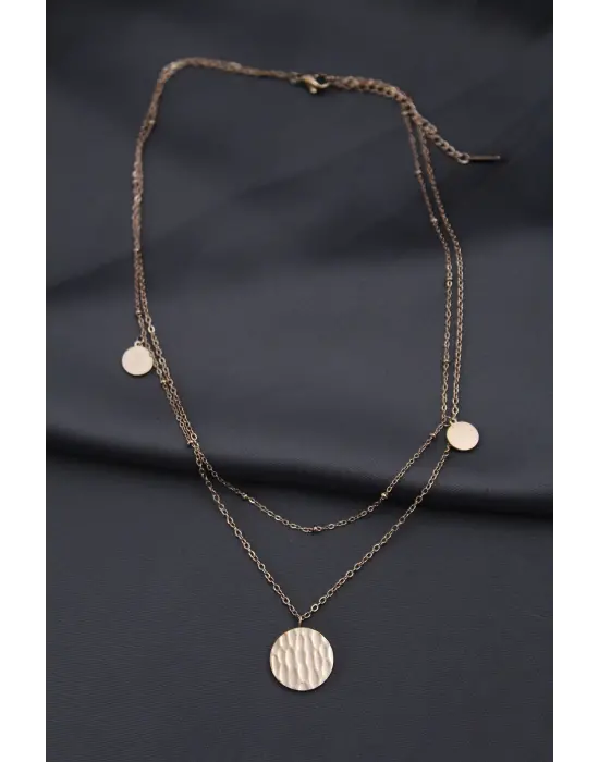 Çelik Rose Renk Desenli Oval Model Çift Zincir Tasarımlı Kadın Kolye