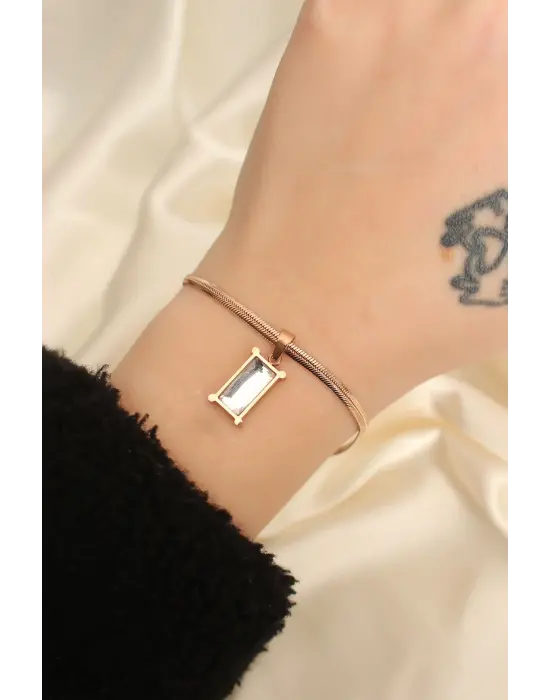 Çelik Rose Renk Dikdörtgen Taşlı İtalyan Zincirli Bileklik