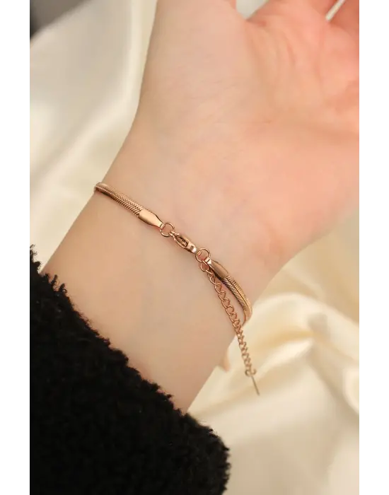 Çelik Rose Renk Dikdörtgen Taşlı İtalyan Zincirli Bileklik