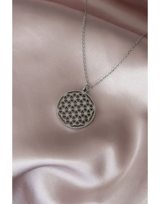 Çelik Silver Renk Yaşam Çiçeği Tasarımlı Kadın Kolye