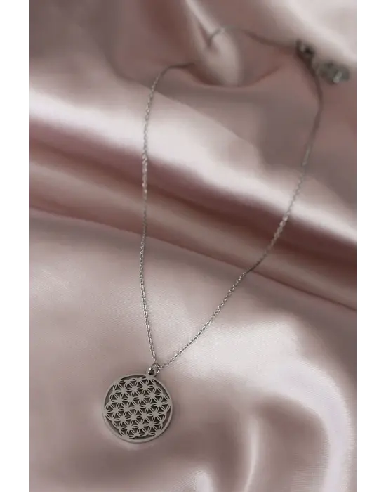 Çelik Silver Renk Yaşam Çiçeği Tasarımlı Kadın Kolye