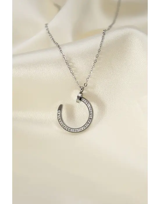 Çelik Silver Renk Zirkon Taşlı Çivi Model Kadın Kolye