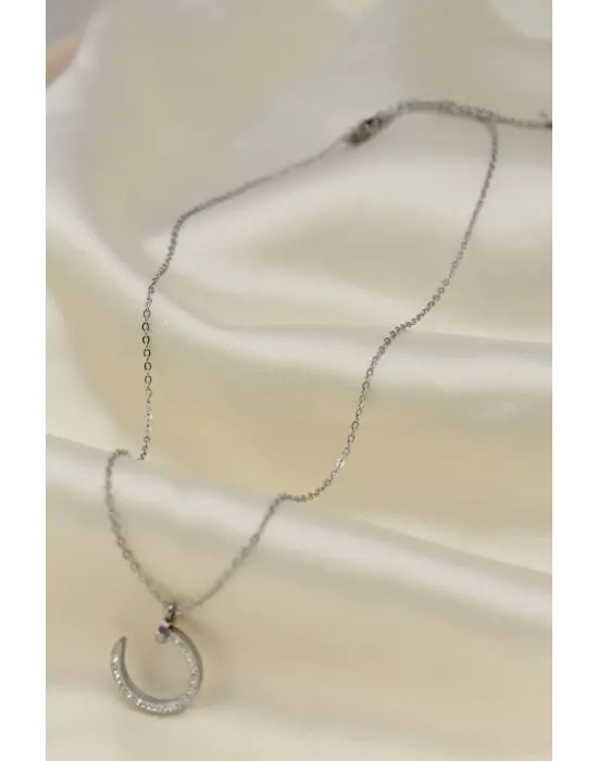 Çelik Silver Renk Zirkon Taşlı Çivi Model Kadın Kolye