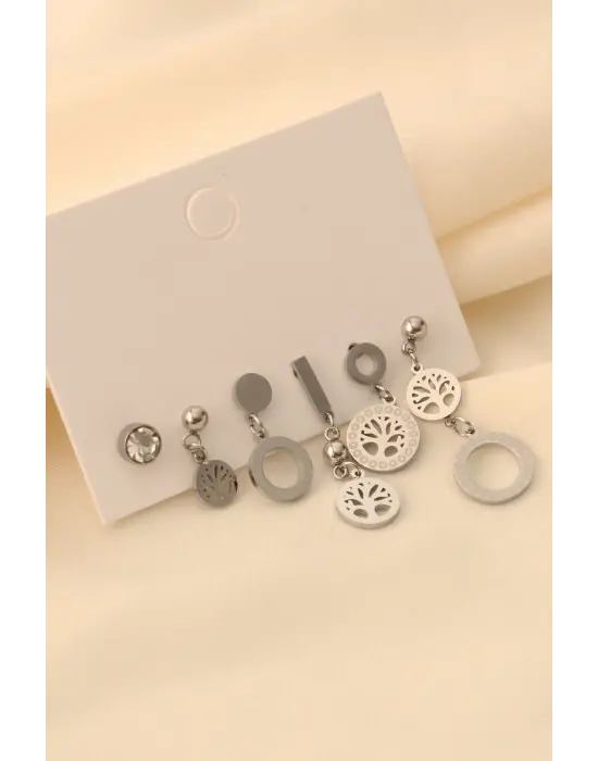 Çelik Taşlı Yaşam Ağacı Küpe Seti