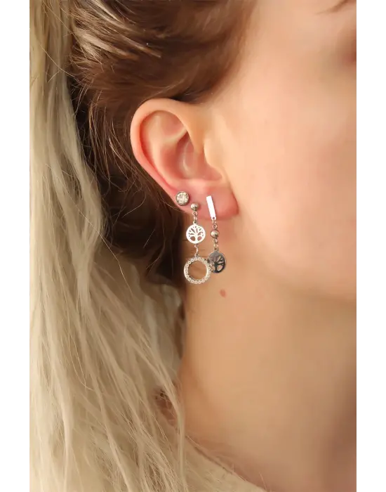 Çelik Taşlı Yaşam Ağacı Küpe Seti