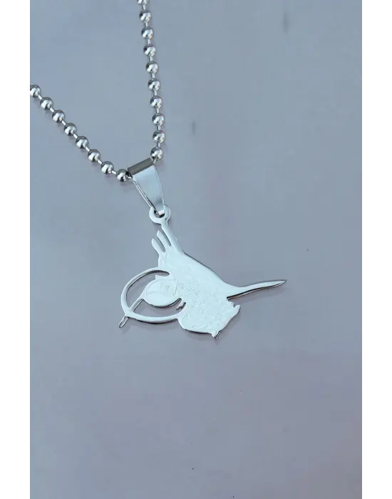 Çelik Uçlu Tuğra Tasarımlı Gümüş Renk Zincir Kolye