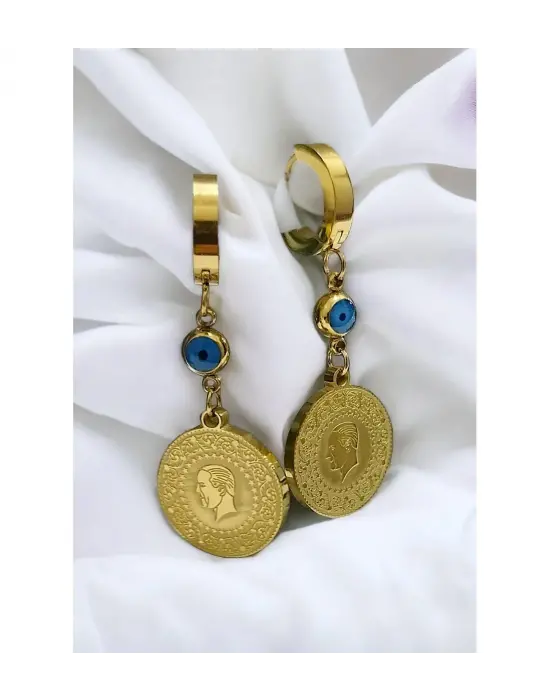 Çeyrek Altın Şeklinde Nazar Boncuklu Çelik Küpe