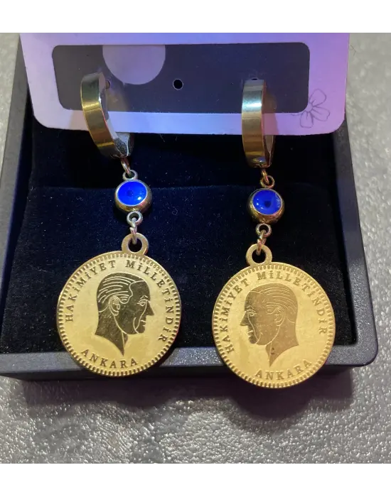 Çeyrek Altın Şeklinde Nazar Boncuklu Çelik Küpe