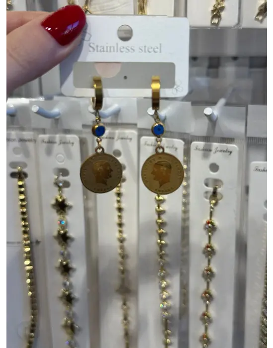 Çeyrek Altın Şeklinde Nazar Boncuklu Çelik Küpe