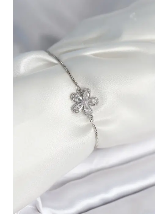 Çiçek Model Asansörlü Gümüş Renk Kadın Bileklik