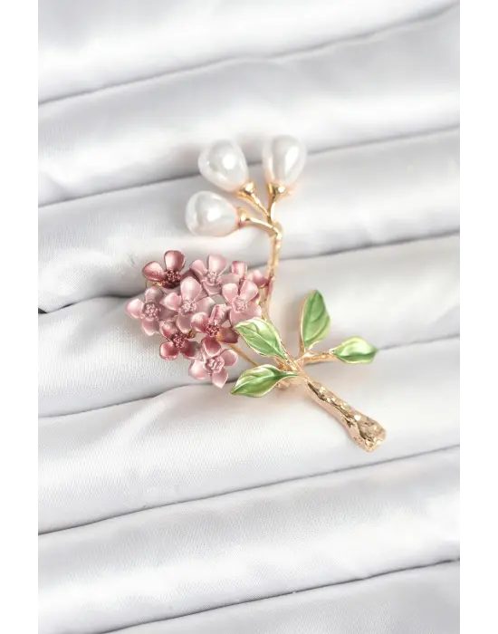 Pembe Yeşil Renkli Çiçek Model Broş İnci Detaylı