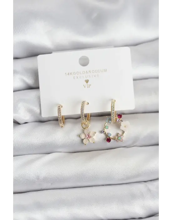 Çiçek Model Gold Renk Pirinç 3lü Kadın Küpe Seti