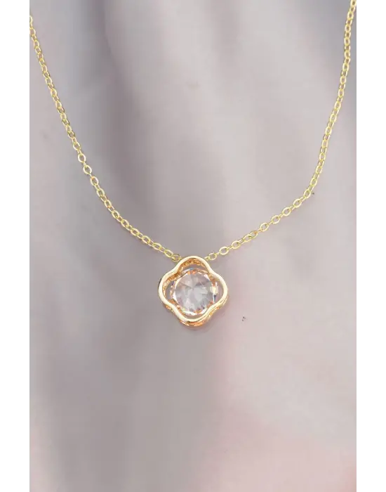 Çiçek Model Zirkon Taş Detaylı Gold Metal Zincirli Kadın Kolye