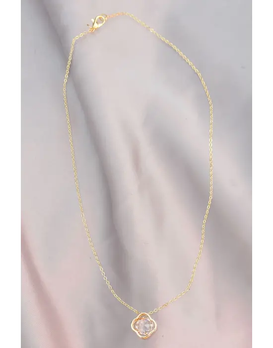 Çiçek Model Zirkon Taş Detaylı Gold Metal Zincirli Kadın Kolye