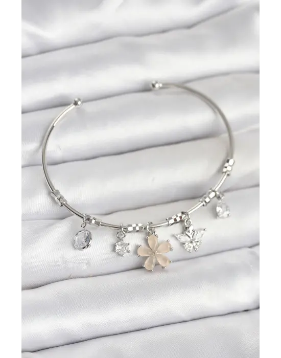 Çiçek ve Kelebek Charmlı Gümüş Renk Çelik Kadın Bileklik