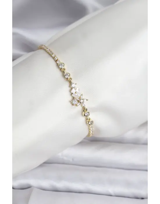 Çiçekli Model Zirkon Taşlı Gold Renk Su Yolu Kadın Bileklik