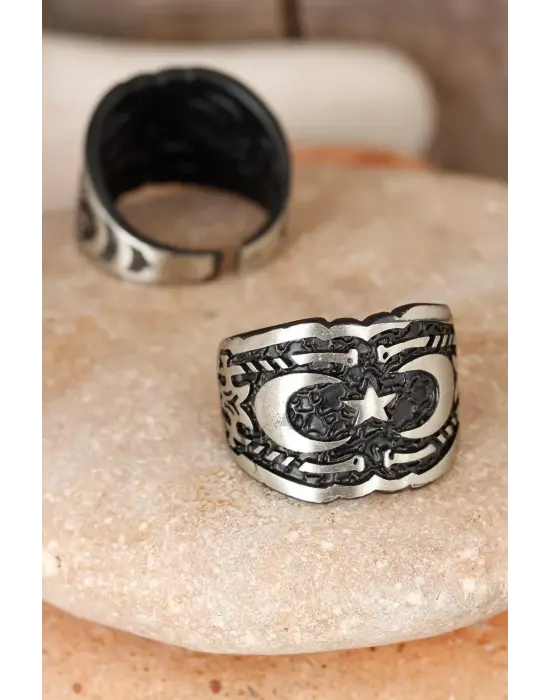 Çift Hilal Figürlü Kare Füme Gri Renk Ayarlamalı Erkek Yüzük